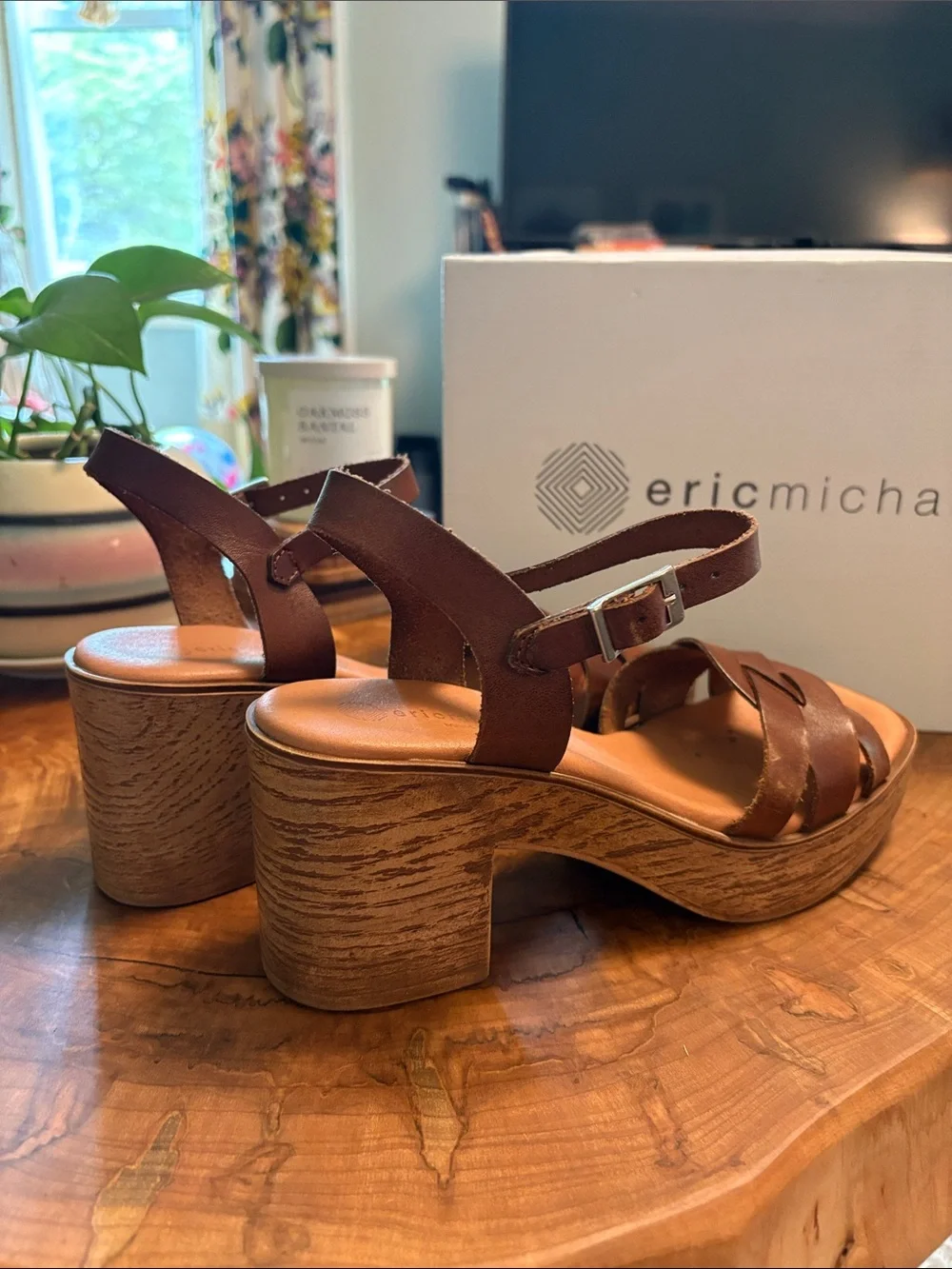 Eric Michael Brown Leather Braided Platform Sandals